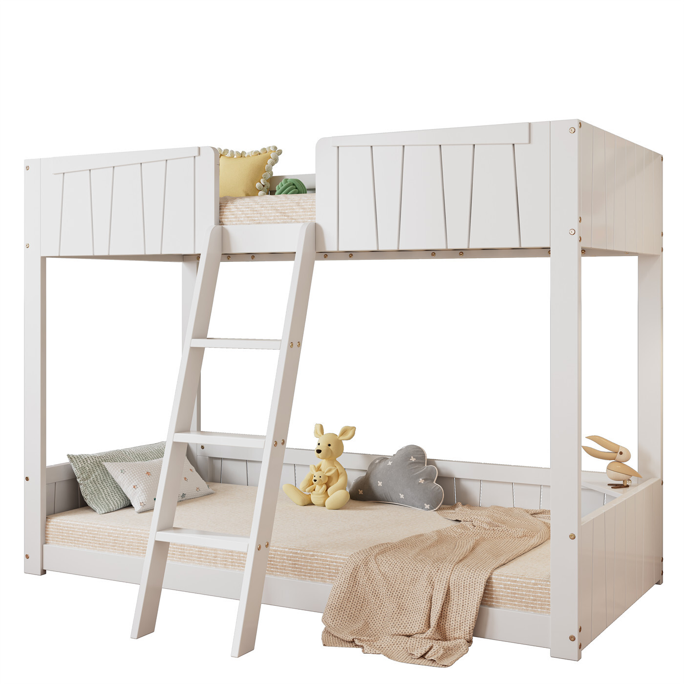 Etagenbett,Kinderbett,Hochbett mit dreistufiger Leiter,Stabile Lattenroste,Offenes Regal,Design des Sicherheitszauns,mit Holzlatten,Rahmen aus Kiefer