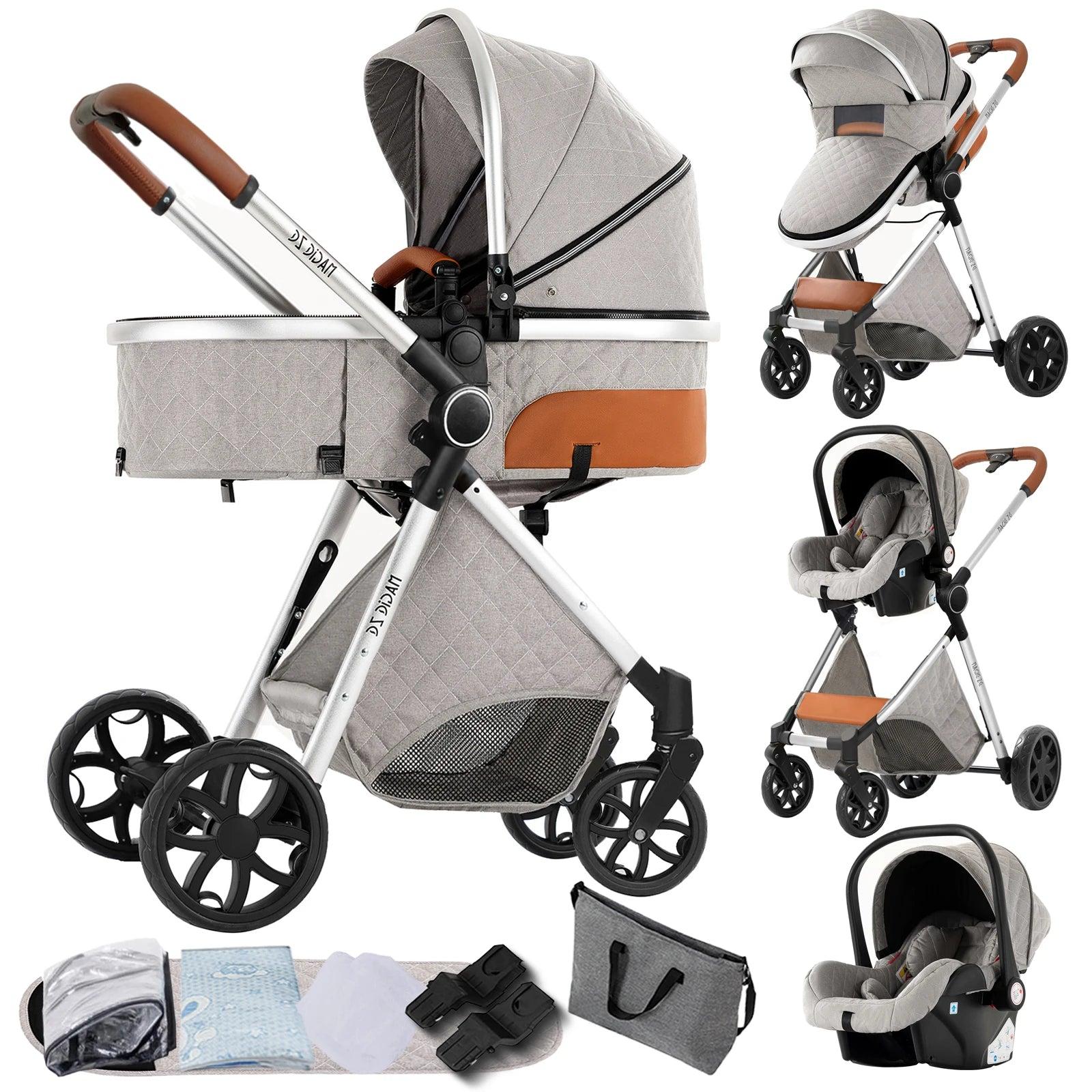 3-in-1 Babybuggy - Kinderwagen - Autositz - Wiege - Buggy - Leichtes Baumwollmaterial - Kompakt zusammenklappbar