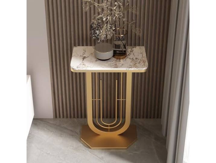 Schmaler Konsolentisch, Industrial-Design Flurtisch mit Metallrahmen Platzsparendes Design, Kratzfeste Tischplatte, Stabiles Metallgestell, Schnellaufbau(Gold+White-gold,15.7in(40cm))