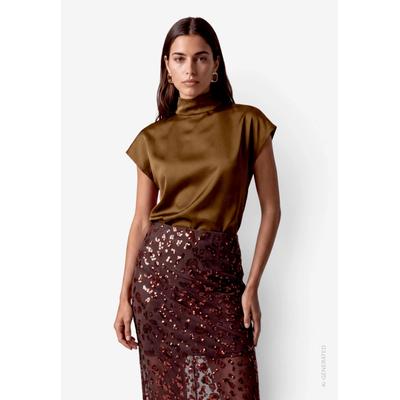 Kurzarmbluse ZERO, Damen, Gr. 36, braun, Obermaterial: 100% Polyester, unifarben, festlich, figurumspielend hüftlang, angeschnitten, Blusen, aus Satin, mit Stehkragen