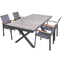 DELUKE Garten-Sitzgruppe JANA 5-tlg. - Alu/Keramik, Eiche-Optik, Grau | Gartenmöbel-Set Gartengarnitur Garten-Essgruppe mit Stapelstühlen C und Esstisch