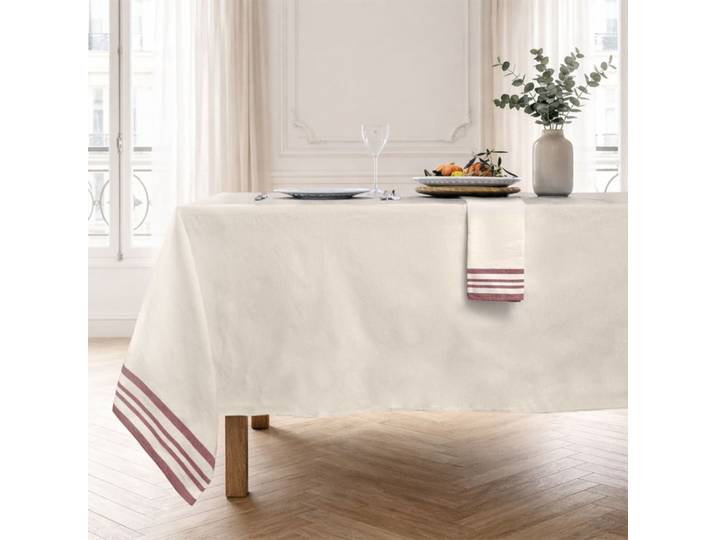 Nappe + 8 serviettes coton 180x350 beige lin & rouge tomette