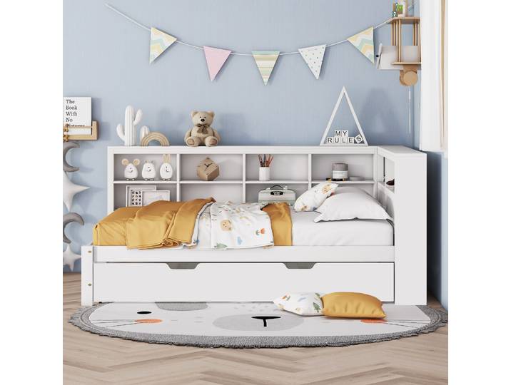 Lit-canapé multifonctionnel KOMHTOM en bois massif 140x200 avec lit gigogne 90x190, prise USB et plusieurs rangements, ventilateur manuel