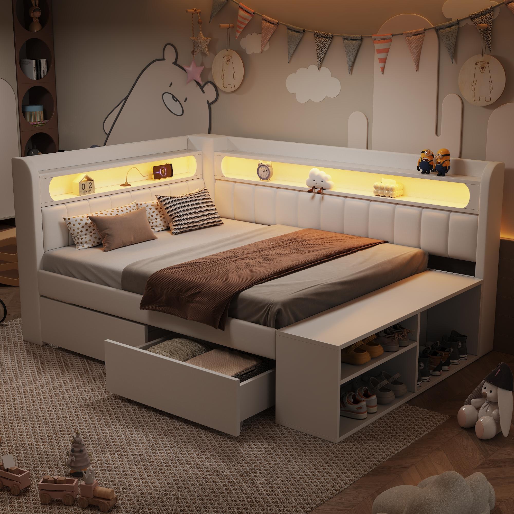Gepolstertes Schlafsofa 90x200cm mit USB-Anschluss und LED-Lichtleiste, inklusive Schuhschrank und zwei Schubladen, weiß.