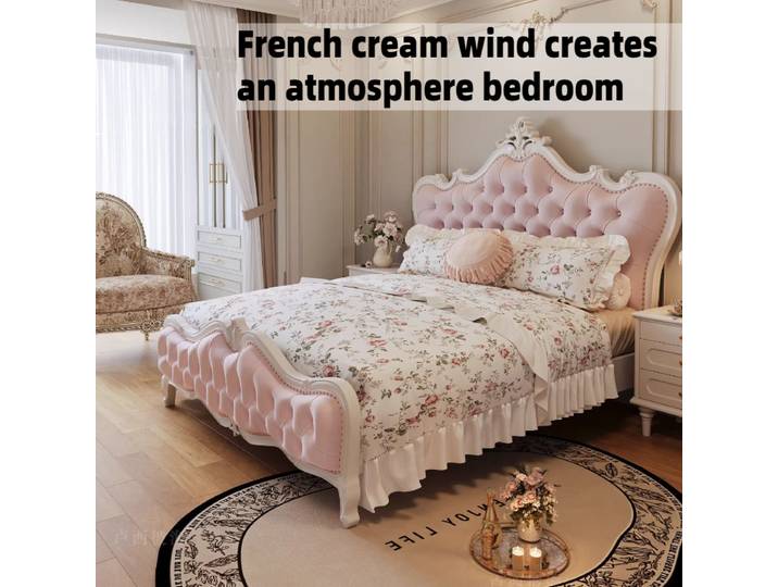 Lit double 180x200cm pour filles, cadre de lit avec dossier rembourré, décoration de chambre, style princesse européenne, mobilier de luxe pour la maison