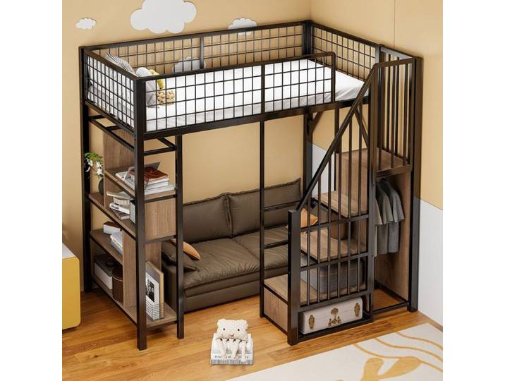 Lit mezzanine avec rangement intégré et échelle escamotable couchage 90x200 adulte et enfant