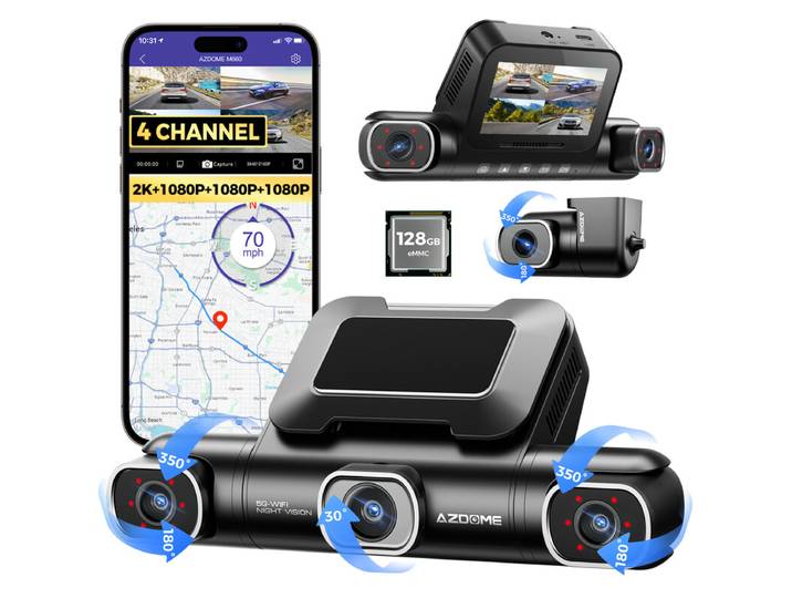 AZDOME M660 Dashcam Voiture 4 Canaux 4K 360 Degrés avec 128 Go eMMC, Dashcam 2,5K + 3 x 1080P, WiFi 5G, Dashcam Voiture Contrôle Vocal Vision Nocturne IR avant Arrière, Mode Stationnement