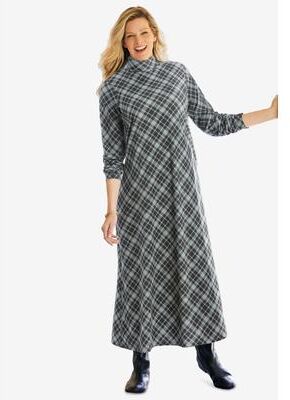 Plus Size Women's Mockneck Dress by Woman Within in Gunmetal Bias Plaid (Size 3X)