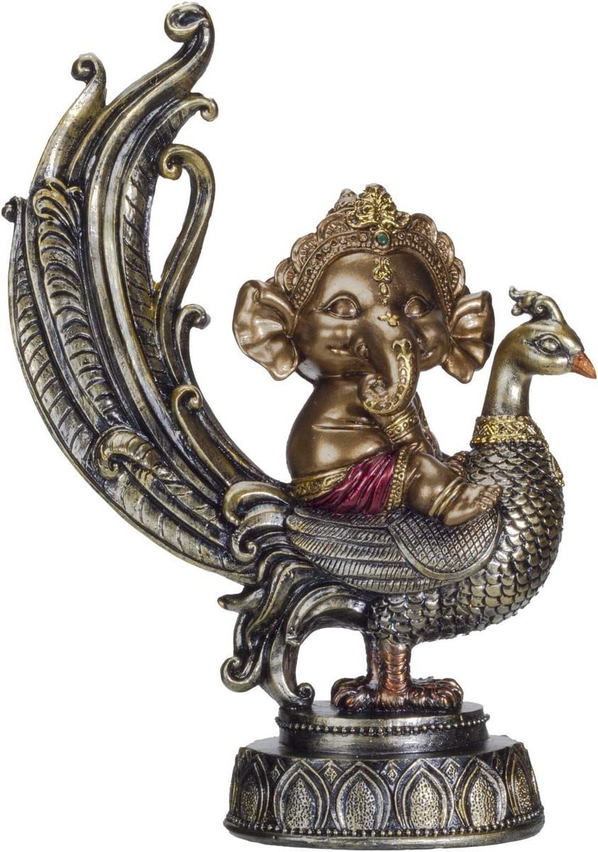 Ganesha Olifant God Beeldje op Pauw - Hars Decoratie voor op tafel