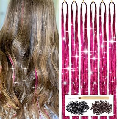 Schwarzes Haar-Lametta-Set mit Werkzeug, 6-teilig, 1200 Stränge, Haar-Lametta, hitzebeständig, Feenhaar, funkelnd, glänzend, Glitzer-Lametta-Haarverlängerungen für Frauen, Mädchen, Kinder, 119,4 cm