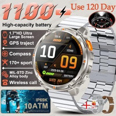 Inspired Finds T Rex3 Pro Military GPS Smartwatch 1100mAh Battery Compass Outdoor Rugged Watch silver Steel B 2a