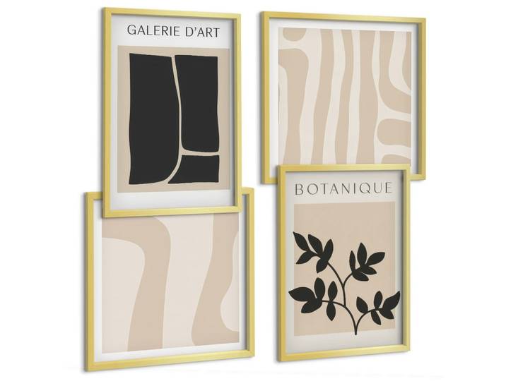 BILDER SET 4er Set - 50x50 cm & 40x60 cm Goldrahmen - Abstrakte Pflanzenmotive