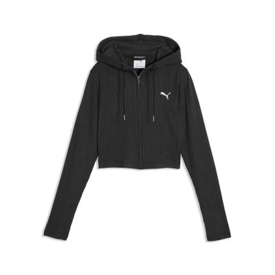 Hoodie PUMA "Essentials Slim Gerippte Kapuzenjacke Damen", Damen, Gr. XS, schwarz, Obermaterial: 46% Polyester, 4% Elasthan, 50% Viskose, slim fit, Sweatshirts Hoodie