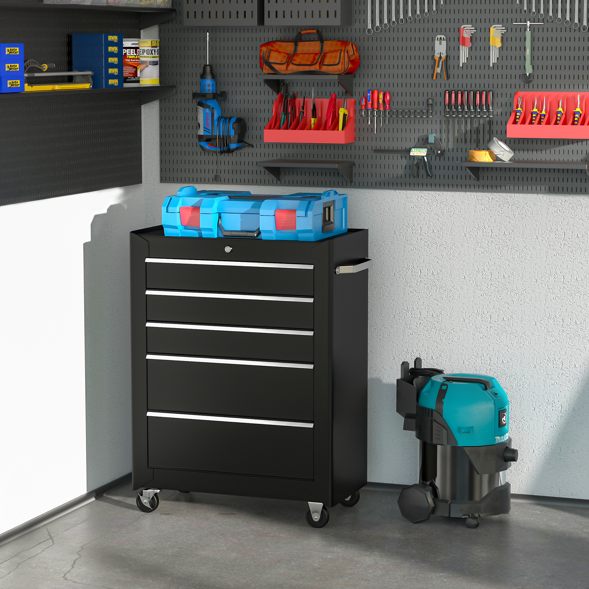 Homcom Carrello Cassettiera Porta Utensili per officina, Carrello da Officina Cassettiera con Ruote, nero, 61.5x33x85cm Aosom