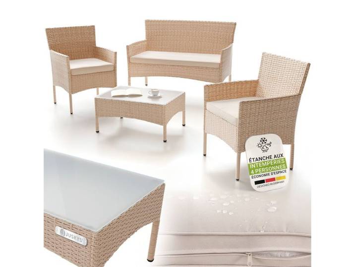 Salon de jardin en résine tressée - Juskys - Fort Myers - Crème - Canapé 2 places - 2 fauteuils - Table rectangulaire