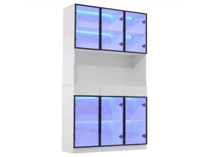 Vitrine-Blanche 120x32x200cm-Avec LED-Bibliothèque Multi-rangements-Cadre Blanc&Noir-Pour Salon-Bureau