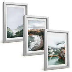 BILDER SET 3er Set - 20x30 cm Silberner Rahmen - Berge, Strand, Wolken, Wasser