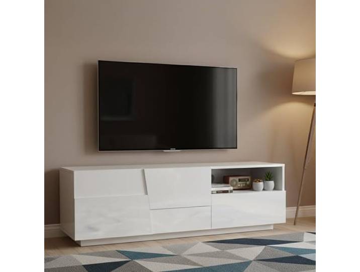 Dmora - TV-Ständer Velio, niedriges Wohnzimmer-Kommode mit 2 Türen und 1 Schublade, TV-Ständer-Basis, 150x44x46 cm, glänzendes Weiß