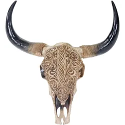 Deko Schädel 65cm HWC-T454, Polyresin Stier Bulle Longhorn Kopf Trophäe mit Tribal, In-/Outdoor