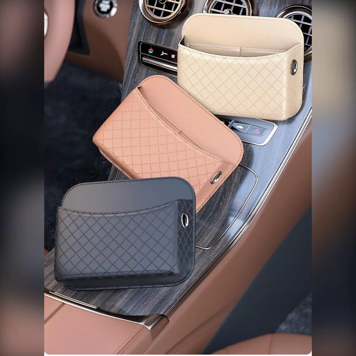 INF Auto-Multifunktions-Aufbewahrungsbox – Organizer für Mittelkonsole aus Faser-Velours-Stoff mit Karten- und Münzfächern, Beige