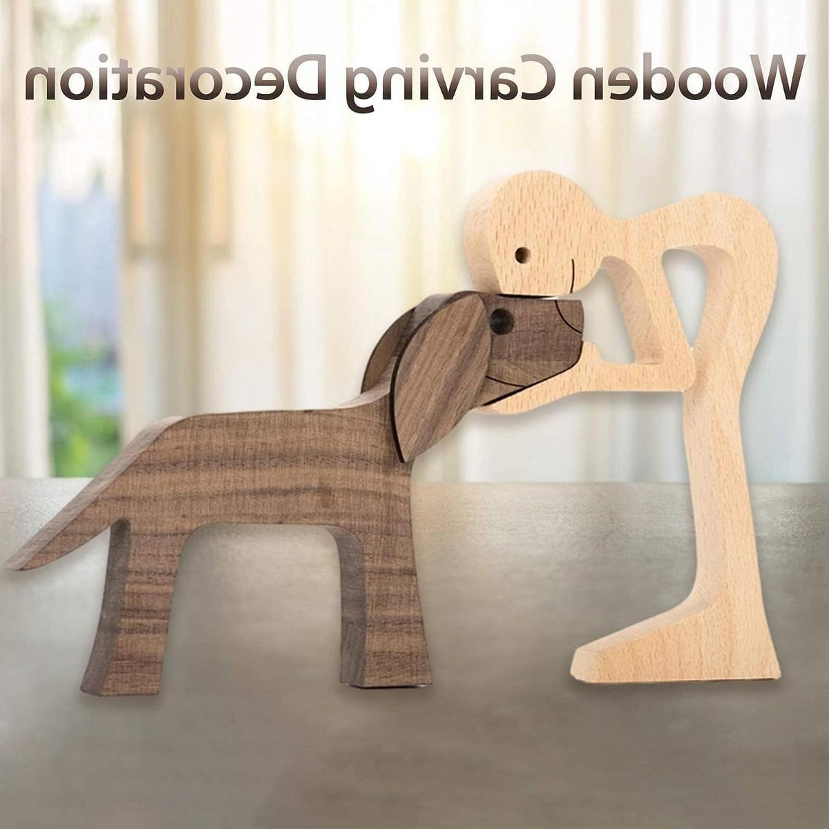 Handgesneden houten hond figuur decoratie voor in de woonkamer - Kaki - Hoogte: 15,5 cm