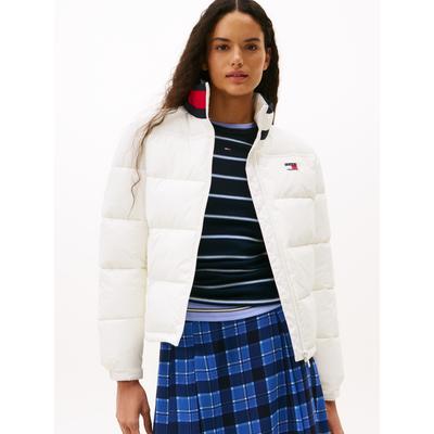 Steppjacke TOMMY JEANS "TJW ESS PUFFER FLAG JACKET EXT", Damen, Gr. XL (42), weiß (ecru), Web, Obermaterial: 100% Nylon, unifarben mit Farbeinsatz, regular fit, Jacken Steppjacke