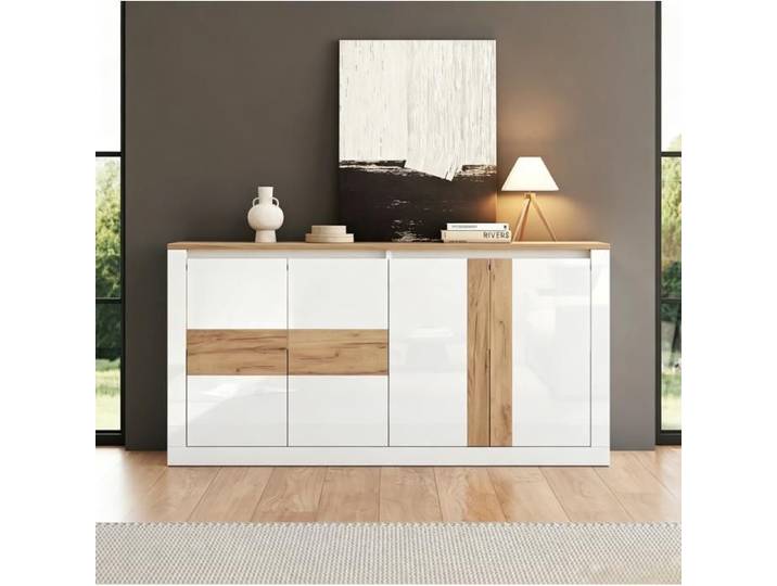 ROVRYN Buffet bas 140 cm 4 portes en MDF blanc brillant et aspect chêne avec LED RGB