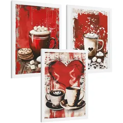 POSTER 3er Set Schokolade und Kaffee Wandbilder Marshmallows Zuckerstange Rote Pop Art Küche Wanddeko Rahmenlos A4