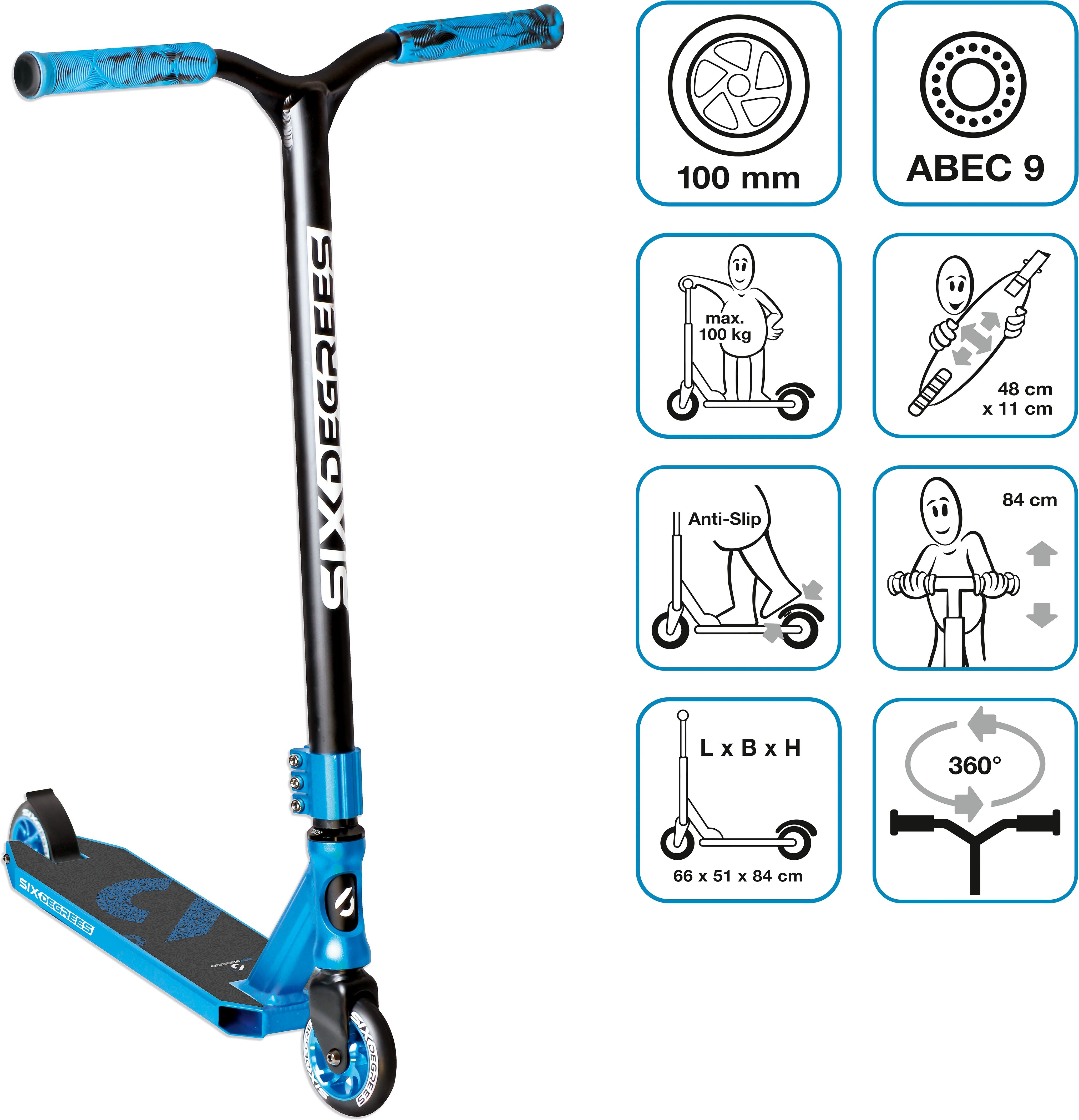 Stuntscooter SIX DEGREES "Stuntscooter 100 mm", blau, RollerB:51cm L:66cm, Stuntscooter, B:51cm L:66cm