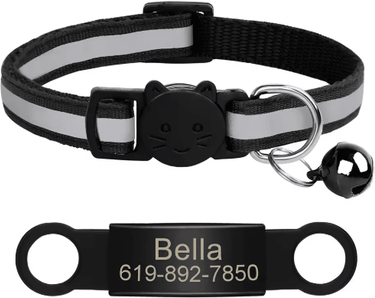 Inspire Picks Personalized Reflective Cat Collar With Engraved ID Nameplate & Bell black 341