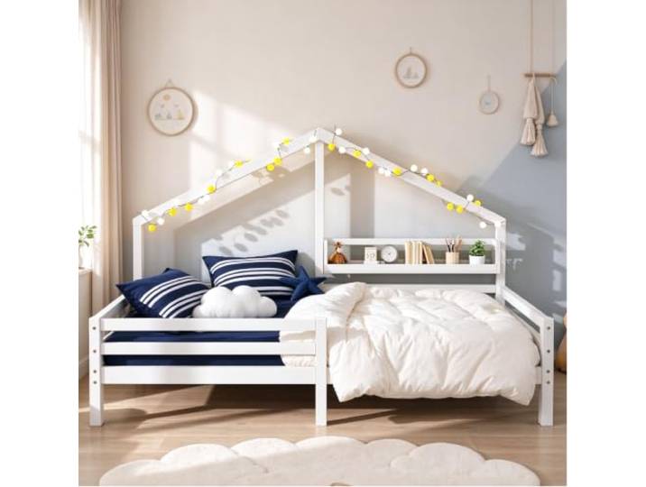 Bellemave Kinderbett 90x200 mit Ablageregal,Kiefer Hausbett,Weiß Hausbett Design, Massiv Kiefernholz, integriertes Ablageregal, Sicherheitszaun, Lattenrost inklusive, Montessori Stil