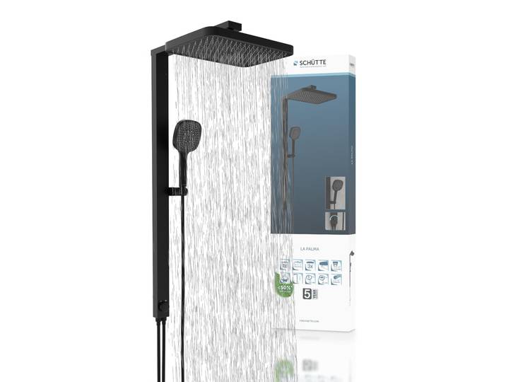 Duschsystem SCHÜTTE LA PALMA , schwarz (schwarz matt), H:105cm, ABS-Kunststoff, Aluminium, PVC, Brausegarnituren, Duschsystem, Regendusche, mit Antikalk-Beschichtung, wassersparend