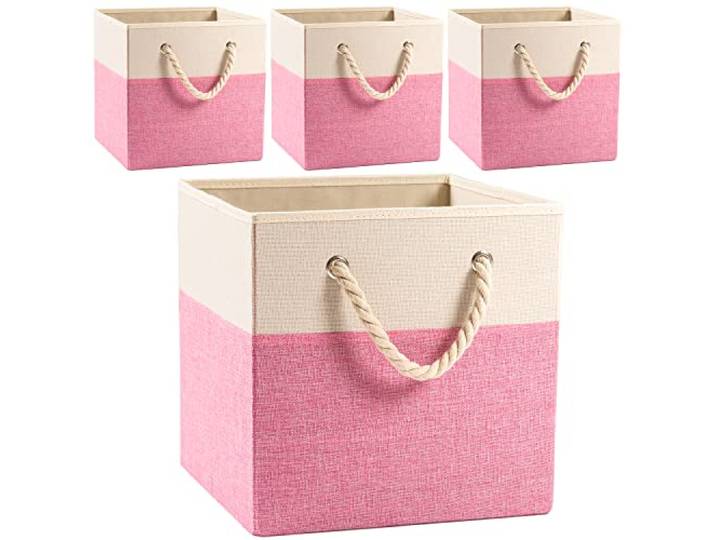 Prandom Kallax boîtes de rangement en lin-Lot de 4-Rose-26.7x26.7x28cm Pliable - Avec poignées en coton - Organiseur pour étagères - Photos\, stockage de cartes - Rangement des vêtements