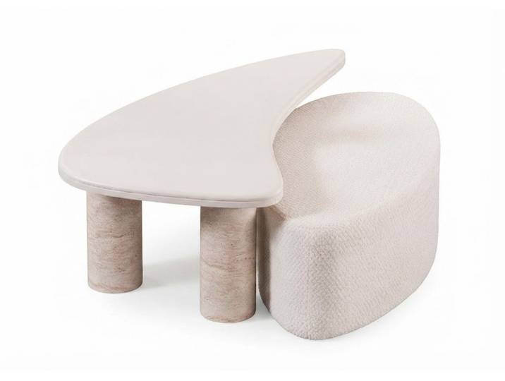 JVmoebel Satztisch Design Couchtisch mit Pouf Hocker Set Modern Beige Wohnzimmer (2-St., Couchtisch, Pouf)