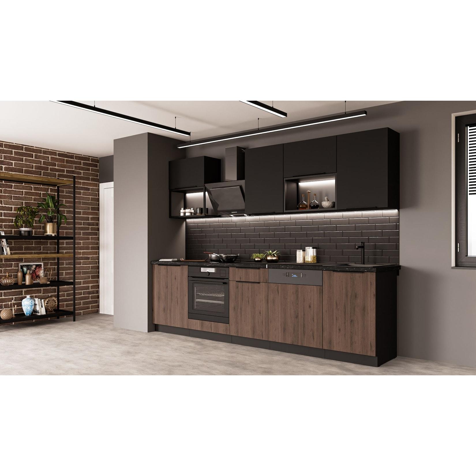 Küche MONZA + SIENA BASIC LOFT 280 Küchenzeile Küchenblock Nussbaum Schwarz matt
