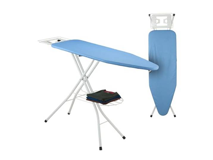 Relaxdays Bügelbrett für Dampfbügeleisen, 120 x 38 cm, höhenverstellbar, klappbar, Kleiderablage, Bügeltisch, blau