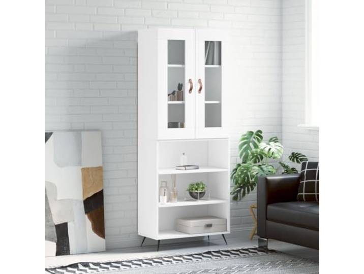 Graues Highboard aus Holzwerkstoff fürs Wohnzimmer mit eleganten Metallfüßen und praktischen Türen für viel Stauraum, gesichert mit Wandhalterungssicherung