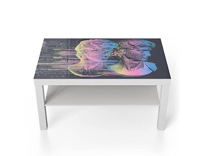 DEQORI Glastisch weiß groß 90x50 cm Motiv Kopf des David in Pastell ausgefallener Beistelltisch aus Glas Hochglanz Couchtisch fürs Wohnzimmer moderner Couch Tisch mit Design