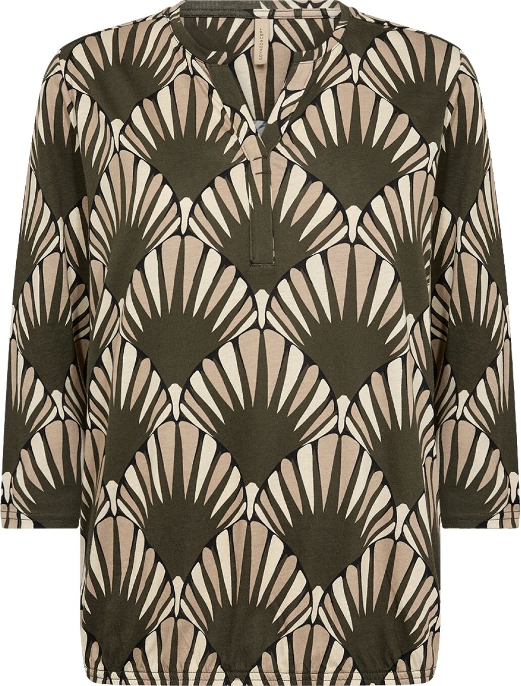 Shirtbluse SOYACONCEPT "SC-FELICITY AOP 555", Damen, Gr. S, braun (forest night combi), Jersey, Obermaterial: 50% Baumwolle, 50% Viskose, gemustert, hüftlang, V-Ausschnitt, gerader Abschluss, Blusen Shirtbluse, Baumwollmischung forest night combi S