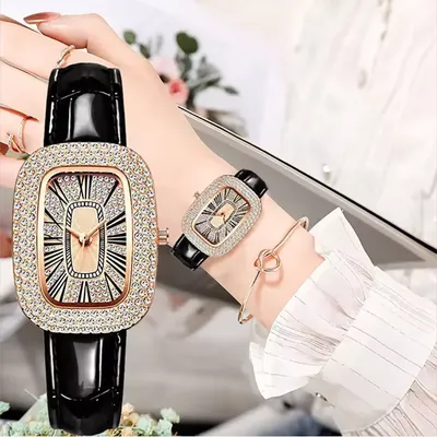Fusion Finds Vintage Women's Leather Strap Watch With Sparkly Zircon Crystal Dial & Quartz Watch Movement black