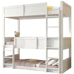 OKWISH Dreibettzimmerbett 90x200 Massivholz Hochbett mit hohem Geländer drei Schlafplätze Stauraum platzsparend zimmer Weiß