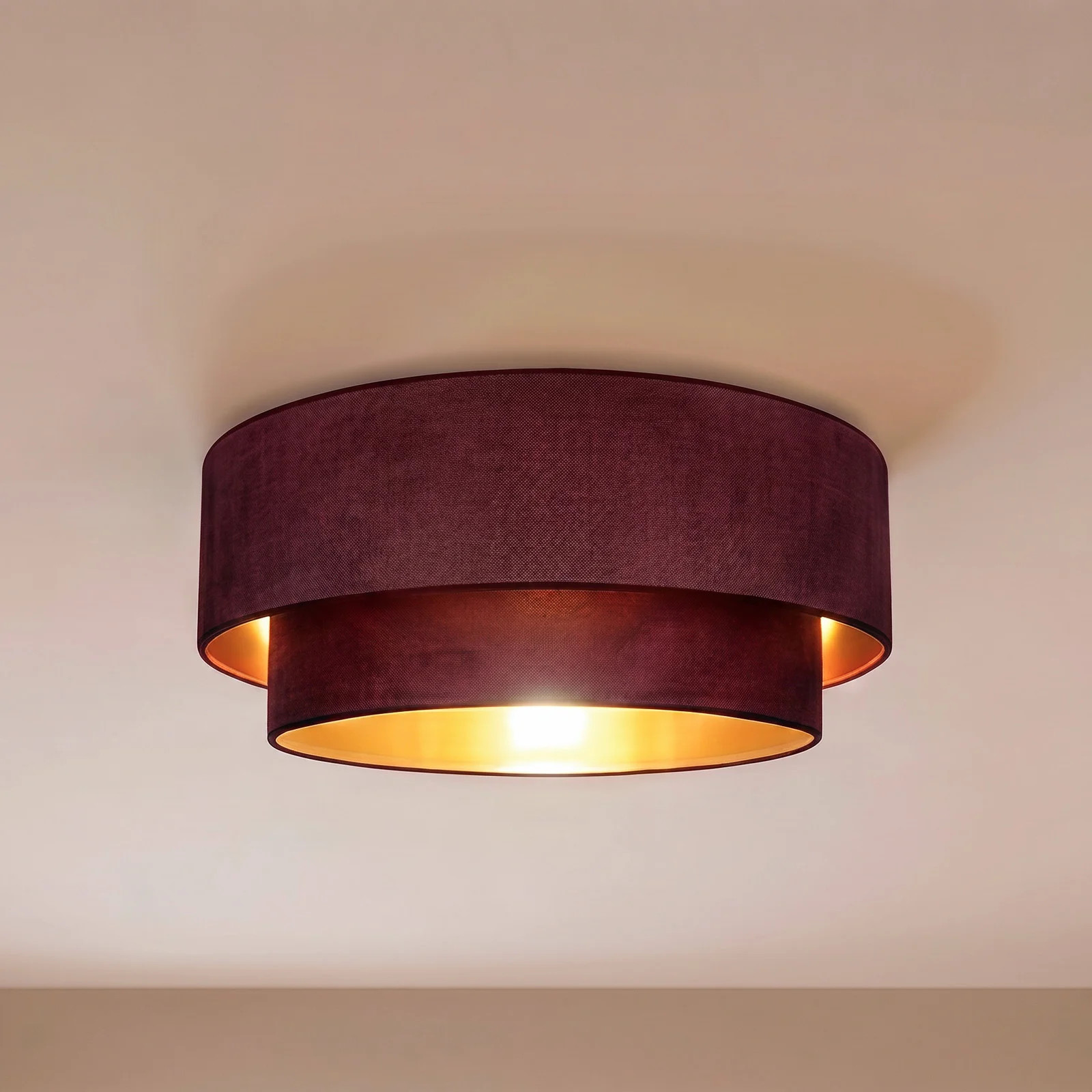 Duolla Boho plafondlamp donkerrood/goud, Ø 60 cm, textiel, E27