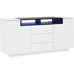 SIDEBOARD 140 cm 2 L-förmige Türen, 3 Schubladen, LED-Beleuchtung, Hochglanz Weiß & Schwarz