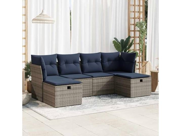 KTHLBRH Gartenmöbel-Set 6-teilig mit grauen Kissen aus Polyrattan Eckbank mit Hocker, pulverbeschichteter Stahl, waschbar, für Terrasse