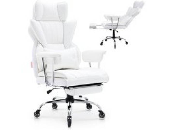 VEVOR Bürostuhl PU Leder Weißer Chefsessel mit Fußstütze, Schreibtisch Drehsessel Höhenverstellbar 0–80 mm, 181,43 kg Tragfähigkeit, Chefsessel Bürostuhl 860 x 610 mm Rückenlehne Drehsessel