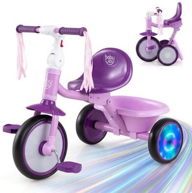 Costway Foldable Toddler Tricycle with Lighting Wheels and Basket for 2-5 Year Old-Purple