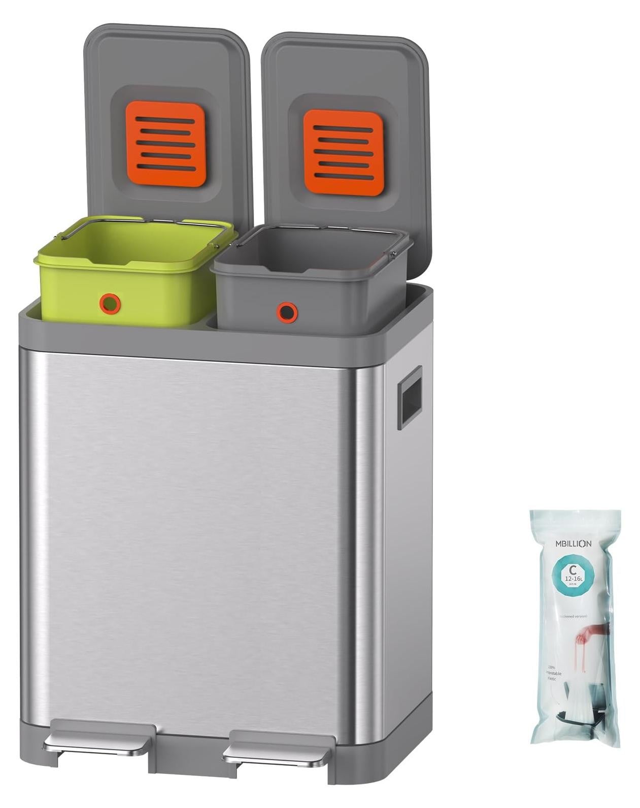 Merkloze afvalbak met 2 compartimenten en RVS afwerking, 30L, Zilver