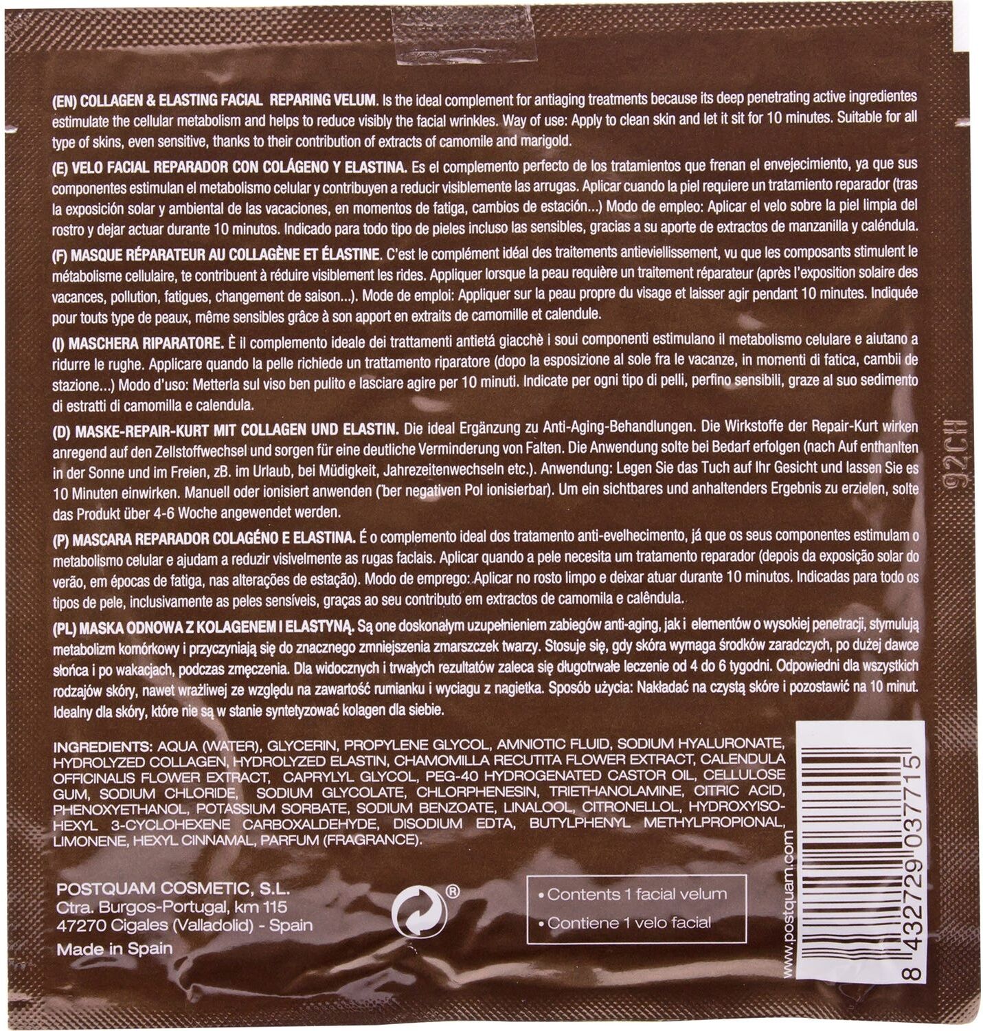 Postquam velo colágeno y elastina reparador facial 25 ml