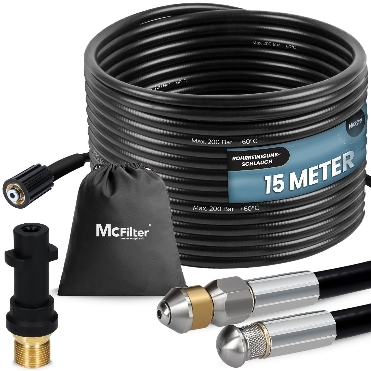 McFilter set voor het reinigen van leidingen, 15 meter, geschikt voor 200 bar, compatibel met Kärcher