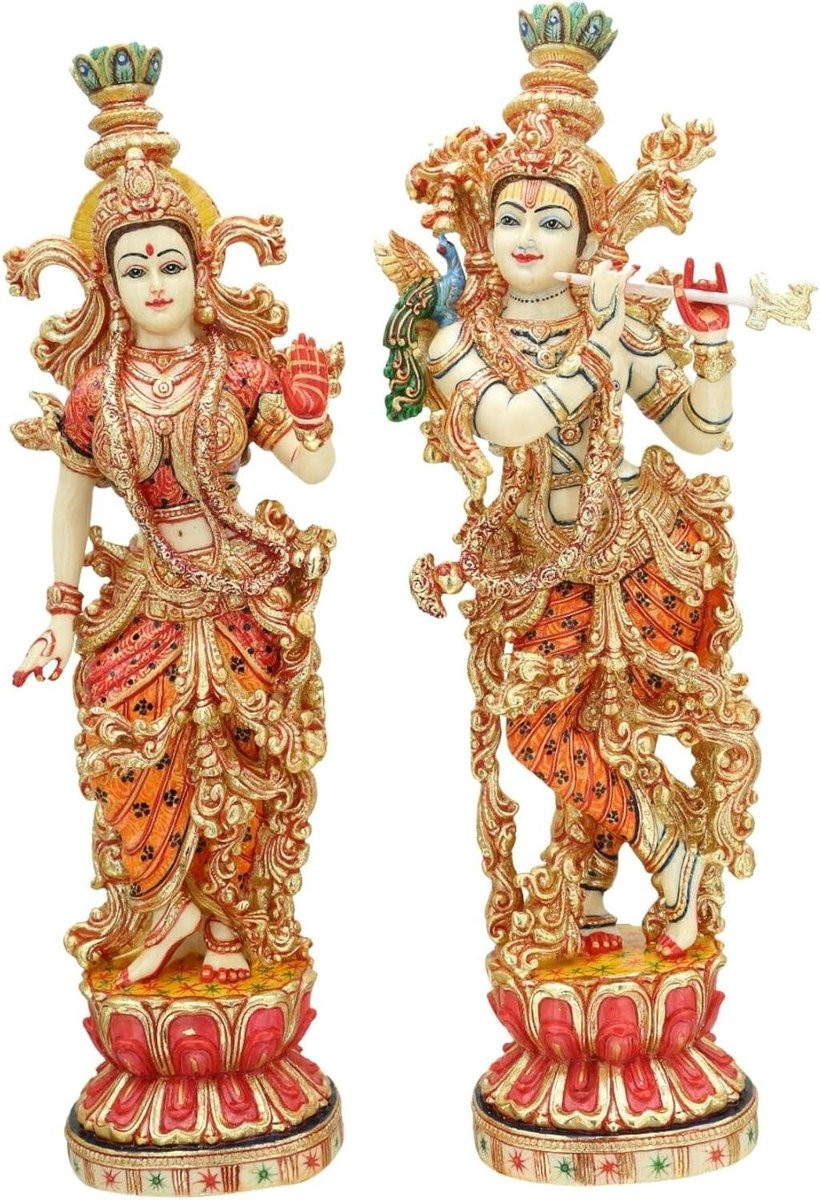 Radha Krishna Standbeeld - Handgemaakt Goddelijk Paar - Multicolor - Hoogte: 38,1 cm